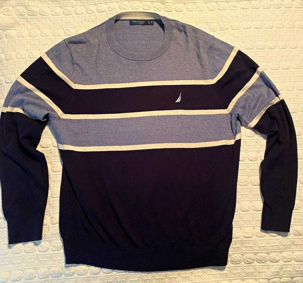 Nautica Men’s Crew Neck Striped Pullover Sweater Blue/White Size M Knit